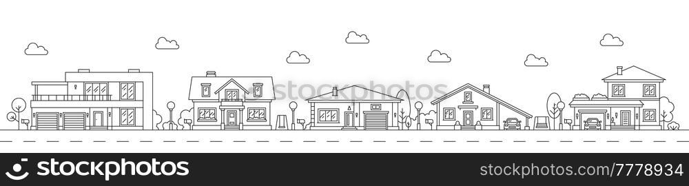 Neighborhood line art cityscape, town city street and houses, vector outline landscape. Linear houses and suburban village homes, residential, apartments and cottage buildings neighborhood cityscape. Neighborhood line art cityscape, town city street
