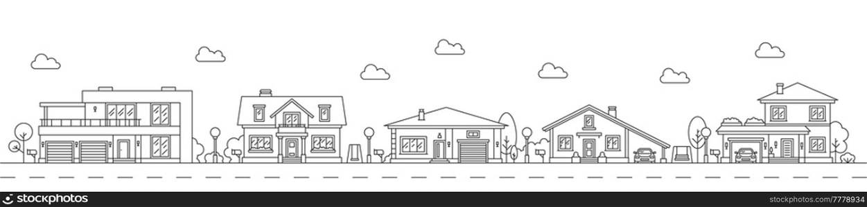 Neighborhood line art cityscape, town city street and houses, vector outline landscape. Linear houses and suburban village homes, residential, apartments and cottage buildings neighborhood cityscape. Neighborhood line art cityscape, town city street