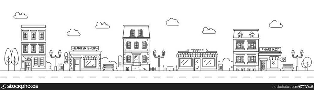 Neighborhood line art cityscape. Town city street. Downtown outline landscape or neighborhood urban architecture vector background with city shop or store, barbershop exterior, cafe facade. Neighborhood line art cityscape, town city street
