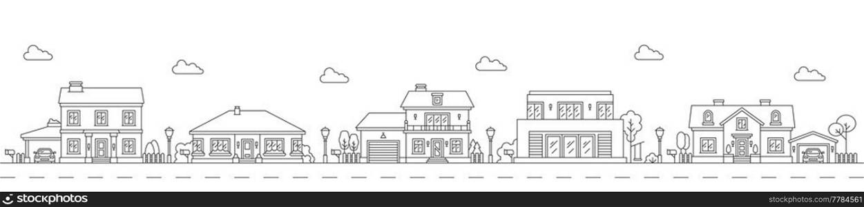 Neighborhood line art cityscape. Town city street with outline buildings. Vector suburban street landscape with village houses and residential homes, linear skyline with row of houses, trees, fences. Neighborhood line art cityscape, town city street