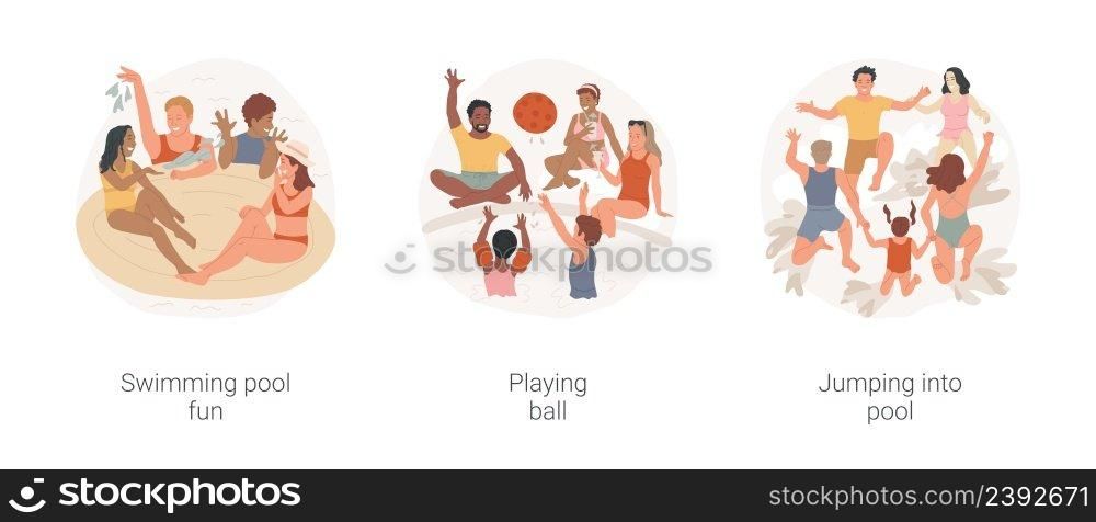Neighborhood pool party isolated cartoon vector illustration set. Neighbors having fun, child in inflatable ring, kids play ball in swimming pool, diverse people jump in water vector cartoon.. Neighborhood pool party isolated cartoon vector illustration set.