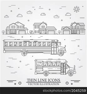 Neighborhood with homes and school buses illustrated on white. Vector thin line icon suburban american houses. Back to school. Vector dark grey.. Neighborhood with homes and school buses illustrated on white.