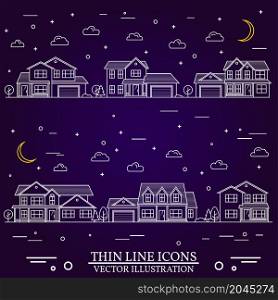 Neighborhood with homes illustrated on purple background. Vector thin line icon suburban american houses night. For web design and application interface, also useful for infographics.. Neighborhood with homes illustrated on purple background.