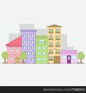 Neighborhood with homes illustrated on the blue background. Flat icon suburban american houses. For web design and application interface, also useful for infographics. Flat city. Neighborhood with homes illustrated on the blue background