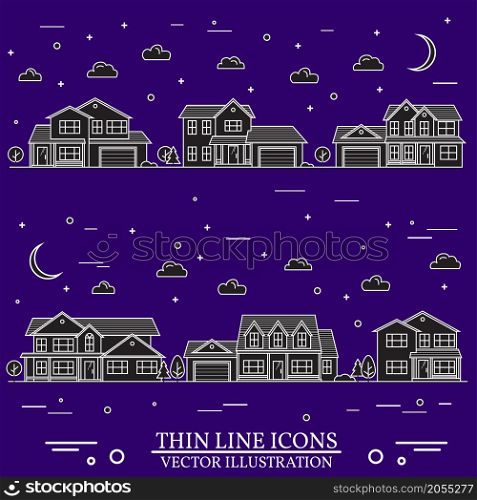 Neighborhood with homes illustrated on white and purple background. Vector thin line icon suburban american houses day, night. For web design and application interface, also useful for infographics.. Neighborhood with homes illustrated white and purple background.
