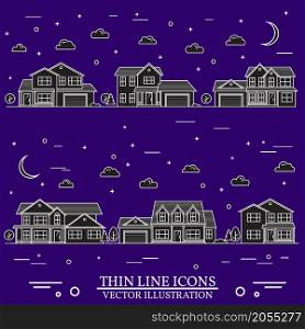 Neighborhood with homes illustrated on white and purple background. Vector thin line icon suburban american houses day, night. For web design and application interface, also useful for infographics.. Neighborhood with homes illustrated white and purple background.