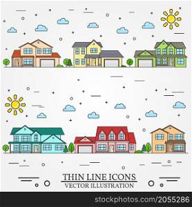 Neighborhood with homes illustrated on white background. Vector thin line icon suburban american houses day. For web design and application interface, also useful for infographics.. Neighborhood with homes illustrated on white background.
