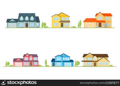 Neighborhood with homes illustrated on white. Vector flat icon suburban american houses. For web design and application interface, also useful for infographics. Vector illustration.. Neighborhood with homes illustrated on white.