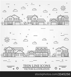 Neighborhood with homes illustrated on white. Vector thin line icon suburban american houses. For web design and application interface, also useful for infographics. Vector dark grey.. Neighborhood with homes illustrated on white.