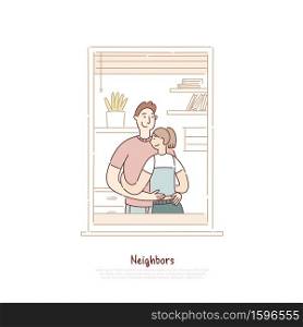 Neighbors in window frame, couple hugging, man and woman, father with daughter in room banner template. Neighborhood, multi storey apartment building concept cartoon sketch. Flat vector illustration. Neighbors in window frame, couple hugging, man and woman, father with daughter in room banner template