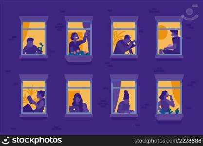 Neighbors in windows at night. Evening apartments with different silhouettes people. Housemates reading books and looking through telescopes. House brick wall with glowing windowsills. Vector concept. Neighbors in windows at night. Evening apartments with different silhouettes people. Housemates reading and looking through telescopes. House wall with glowing windowsills. Vector concept