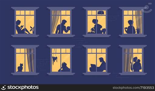 Neighbors in windows. Cartoon characters at their apartment reading book, cooking, watching TV and spending time together. Vector illustration evening home scene, silhouette or shadow people in window. Neighbors in windows. Cartoon characters at their apartment reading book, cooking, watching TV and spending time together. Vector evening scene