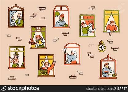 Neighbors in windows. Cartoon people communicating while staying at home. Vector illustration design home people in window. Neighbors in windows. Cartoon people communicating while staying at home. Vector illustration