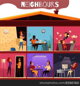 Neighbors living in multistoried city house and irritated because of noise and quarrel cartoon vector illustration. Neighbors Irritation Illustration