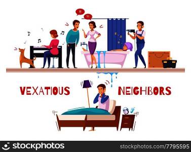 Neighbors relations cartoon composition with piano and drill sounds, family conflict, flooding, unhappy sleepless man vector illustration. Neighbors Relations Cartoon Composition