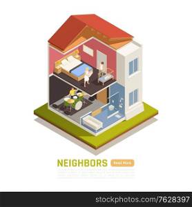Neighbors relations conflicts baby parents suffering from loud music from below isometric building cutout view vector illustration