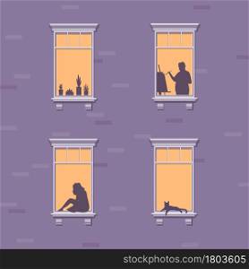 Neighbors. Windows with people, houseplant, and cat. Brick wall of building facade, shadows evening home scene, characters silhouettes, human life concept. Vector flat cartoon isolated illustration. Neighbors. Windows with people, houseplant, and cat. Brick wall of building facade, shadows evening home scene, human life concept. Vector flat cartoon isolated illustration