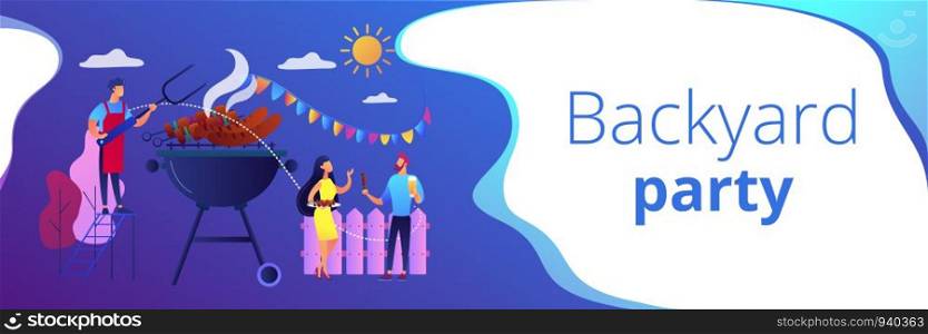 Neighbours flat characters grilling sausages. People eating, having picnic on nature. Backyard party, backyard BBQ, friends party ideas concept. Header or footer banner template with copy space.. Backyard party concept banner header.