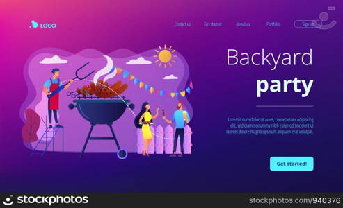 Neighbours flat characters grilling sausages. People eating, having picnic on nature. Backyard party, backyard BBQ, friends party ideas concept. Website homepage landing web page template.. Backyard party concept landing page.