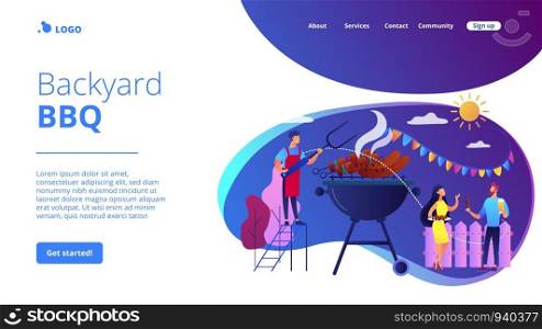 Neighbours flat characters grilling sausages. People eating, having picnic on nature. Backyard party, backyard BBQ, friends party ideas concept. Website homepage landing web page template.. Backyard party concept landing page.