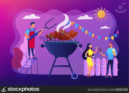 Neighbours flat characters grilling sausages. People eating, having picnic on nature. Backyard party, backyard BBQ, friends party ideas concept. Bright vibrant violet vector isolated illustration