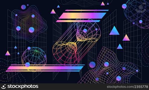 Neo futuristic abstract background with 3d grids and shapes. Neon wireframe graphic retro cyber design. 90s game technology vector banner. Bright colorful geometric figures, wavy shapes. Neo futuristic abstract background with 3d grids and shapes. Neon wireframe graphic retro cyber design. 90s game technology vector banner