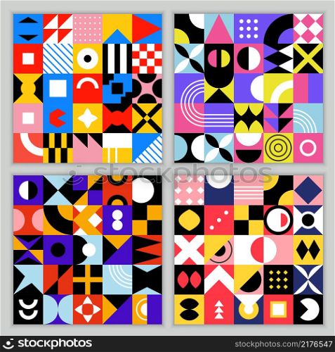 Neo geo pattern. Seamless background with geometrical shapes vintage colored squares circles triangles vector abstract neo geo templates. Pattern geometric neo geo, geometrical colorful illustration. Neo geo pattern. Seamless background with geometrical shapes vintage colored squares circles triangles recent vector abstract neo geo templates