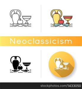 Neoclassicism icon. Western cultural movement. Classical antiquity visual art. Still life. Ancient Greek style revival. Linear black and RGB color styles. Isolated vector illustrations. Neoclassicism icon