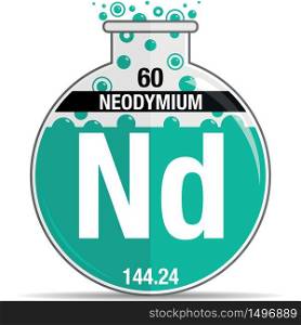 Neodymium symbol on chemical round flask. Element number 60 of the Periodic Table of the Elements - Chemistry. Vector image