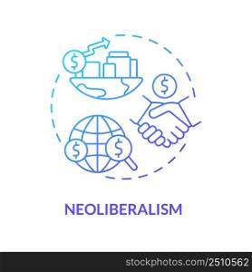 Neoliberalism blue gradient concept icon. Free international market and trading relationship abstract idea thin line illustration. Isolated outline drawing. Myriad Pro-Bold font used. Neoliberalism blue gradient concept icon