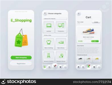 Neomorphic goods shopping and order application interface. Mobile app screens with buttons, internet store web design vector mockup with purchase categories and buttons, UI elements, digital design. Neomorphic goods shopping and order interface