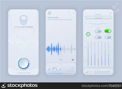 Neomorphic interface for vector music player mobile application. UI recorder app play, pause, remote buttons, equalizer sound wave, music audio frequency waveform. Digital player studio graphs panel. Neomorphoism interface vector music player UI app