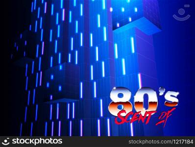 Neon 80s background with futuristic architectural abstract for new retro wave revival party poster