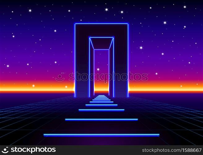 Neon 80s styled massive gate in retro game landscape with shiny road