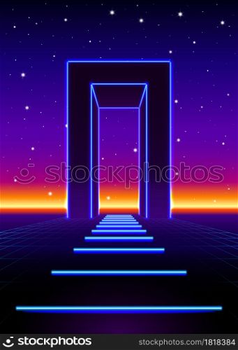 Neon 80s styled massive gate in retro game landscape with shiny road