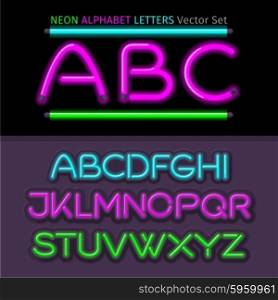 Neon alphabet font style flat design. Neon letters, neon sign, neon font, light alphabet, neon lights, art text typeset, type abc, typography electricity latin illustration