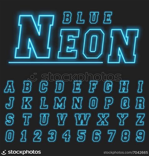 Neon alphabet font template. Alphabet font template. Set of letters and numbers neon lignt design. Vector illustration.