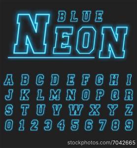 Neon alphabet font template. Alphabet font template. Set of letters and numbers neon lignt design. Vector illustration.