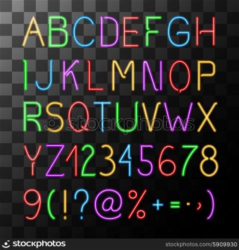 Neon alphabet set with letters numbers and symbols on transparent background isolated vector illustration. Neon Alphabet Set