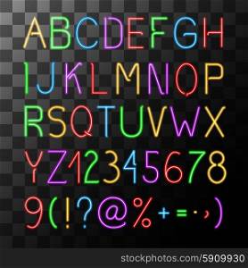 Neon alphabet set with letters numbers and symbols on transparent background isolated vector illustration. Neon Alphabet Set