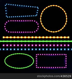 Neon and led strips and diode light border frames vector set. Neon frame light, glow and bright banner illustration. Neon and led strips and diode light border frames vector set