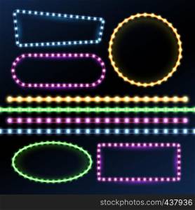Neon and led strips and diode light border frames vector set. Neon frame light, glow and bright banner illustration. Neon and led strips and diode light border frames vector set