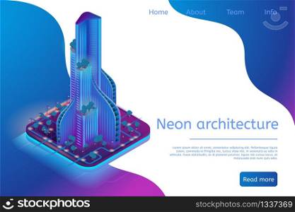 Neon Architecture Building Modern Smart Metropolis. Isometric Banner Illustration Futuristic City Building. Virtual Projection Construction New Raging Hous. Modern City Building in Neon Light