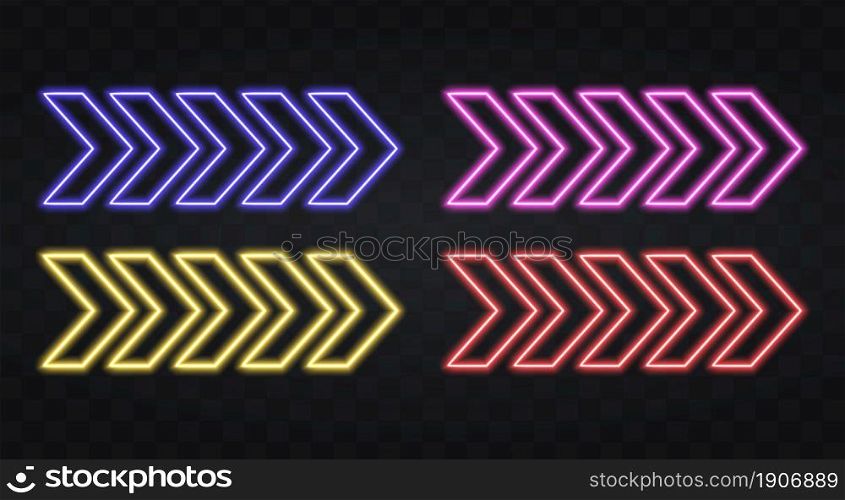 Neon arrow lamp wall sign isolated on transparent background. glowing bulb banner, light line or neon element.. Vector illustration.. Neon arrow lamp wall sign