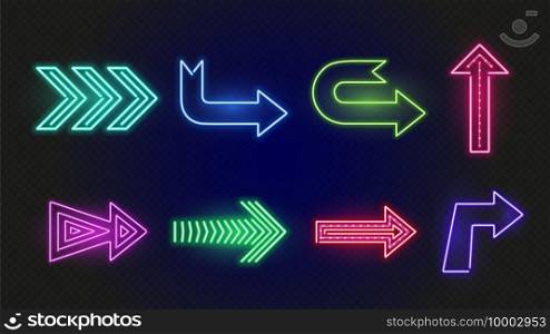 Neon arrows. Bright glowing arrow signs. Outside lights of night bar. Vector lighting directional elements. Illustration arrow colorful for bar night or casino. Neon arrows. Bright glowing arrow signs. Outside lights of night bar. Vector lighting directional elements