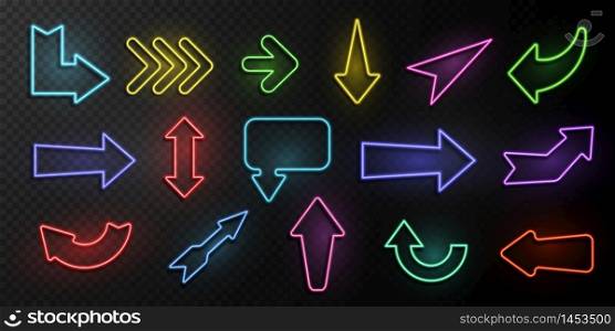 Neon arrows. Lighting with bright design signs, glowing vintage arrow lights isolated vector dark shapes set. Neon arrows. Lighting with bright design signs, glowing vintage arrow lights isolated vector dark set