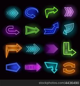 Neon Arrows Set. Neon realistic arrows set showing direction on black background isolated vector illustration