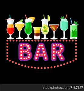 Neon bar sign with colorful cocktails vector design. Illustration of glowing alcohol banner. Neon bar sign with colorful cocktails vector design