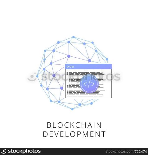 Neon blockchain development vector line icon isolated on white background. Blockchain development line icon for infographic, website or app.. Neon blockchain development vector line icon.