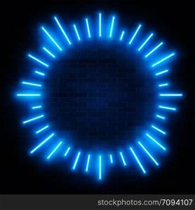 Neon blue frame sunburst shape glowing rays of light, vector background illustration